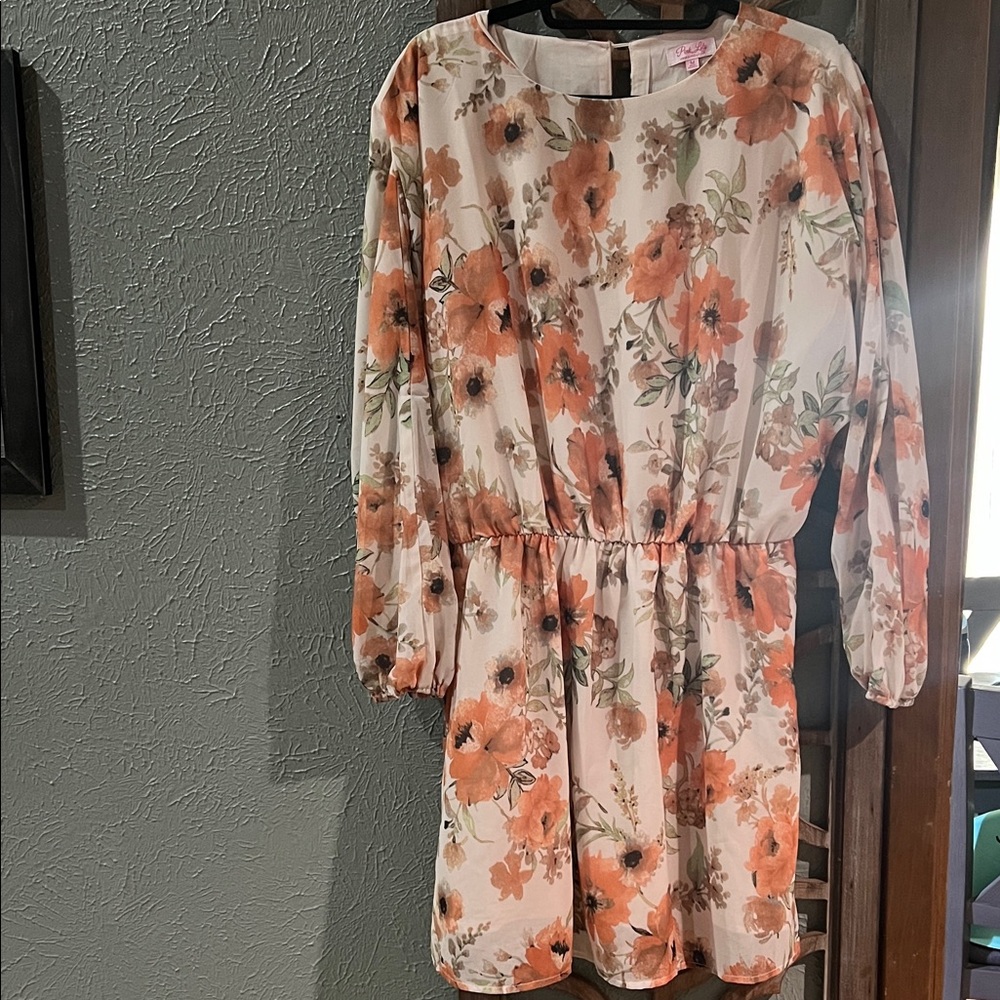 Pink Lily Cream Floral Mini Dress with Orange Blooms